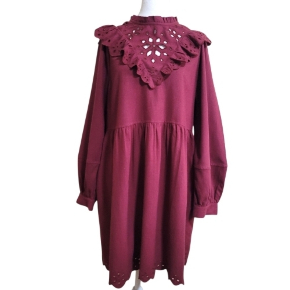 Madewell Embroidered Ruffled Flannel Mini Dress In Vintage Mulberry. Cottagecore - Picture 7 of 14